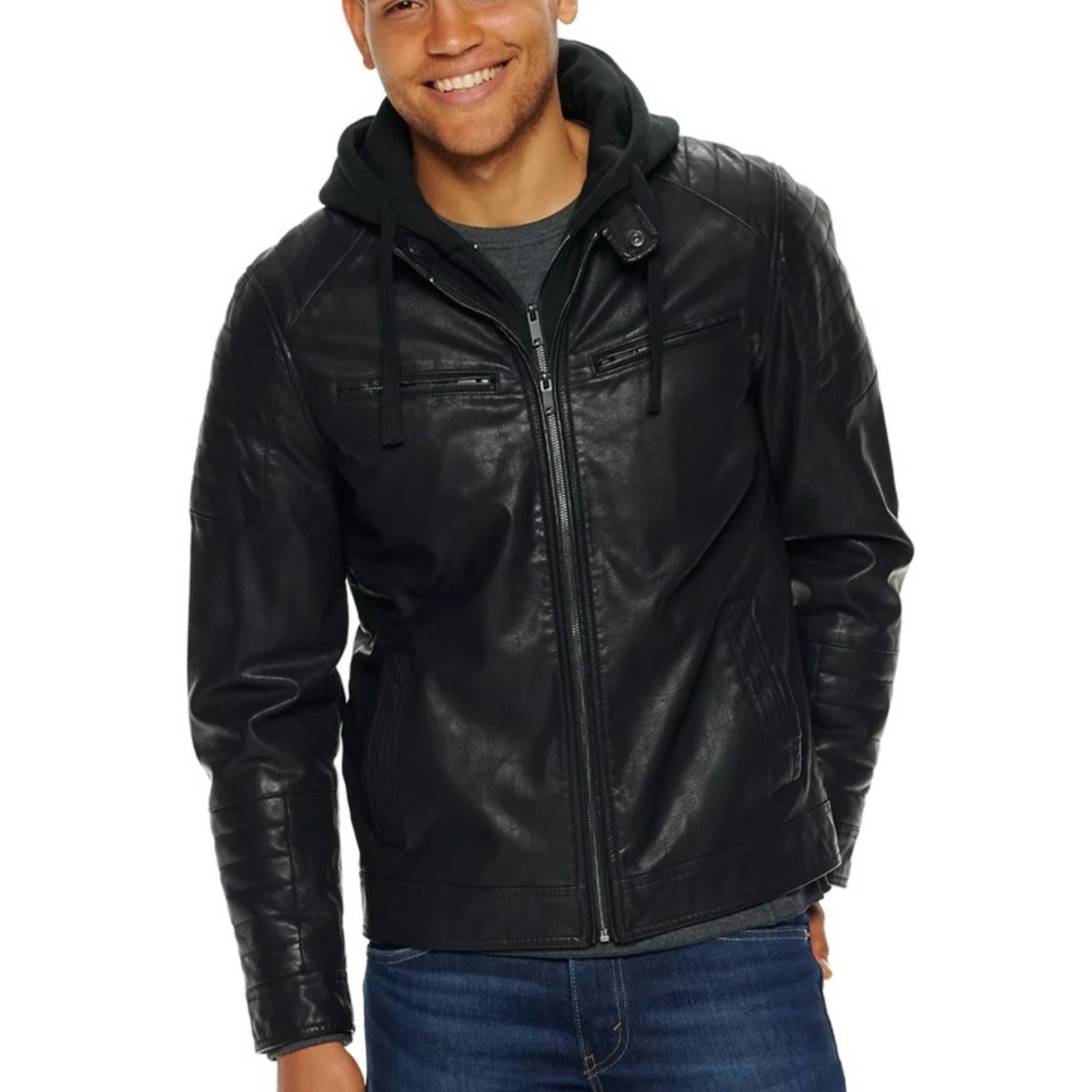 Black Vegan Leather Moto Jacket, Quilted lining, Removable hoodie piece!